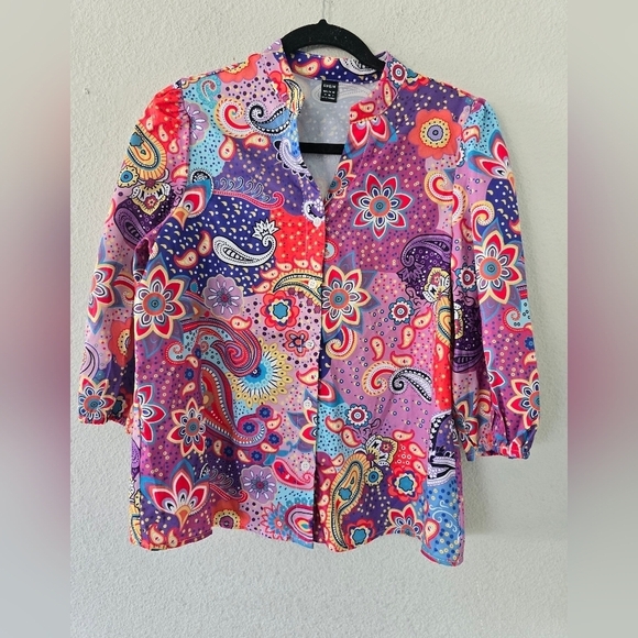 Shein Paisley Shirt Womens Sz M Mixed Print Button Up Blouse Colorful Bohomeim - Picture 4 of 13